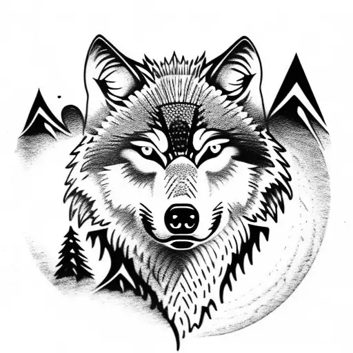 Wolf With Mountains In The Background And Moon