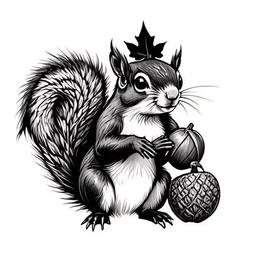 Squirrel Holding Acorn With Maple Leaf