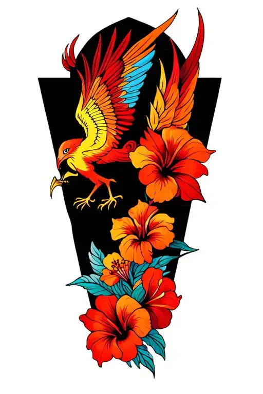 Psychedelic Hibiscus Flowers And Phoenix