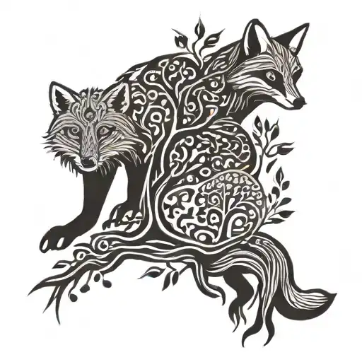 Fox And Badger Playing Under A Tree