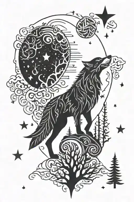 Lone Wolf Coming Out Of Forest Moon And Stars Above