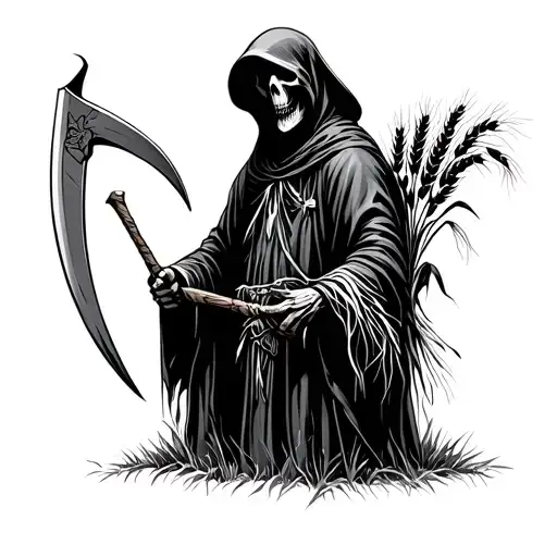 Grim Reaper Holding Scythe And And A Stall Of Wheat