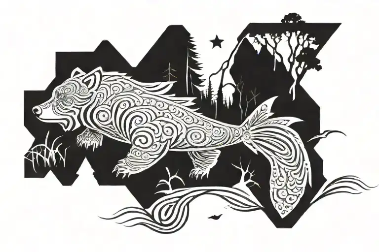 Nature Scene With A Bear Catching A Fish By A River While Beavers Build A Dam