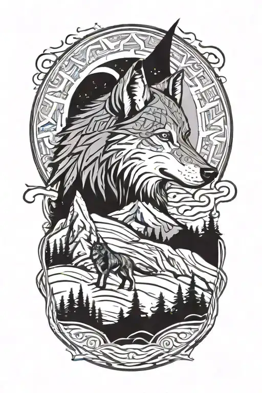 Wolf Howling At Moon With Axes In The Mountains