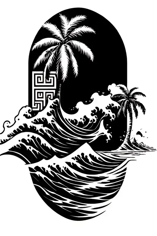 Ocean Wave Merging With Greek Key Palm Tree