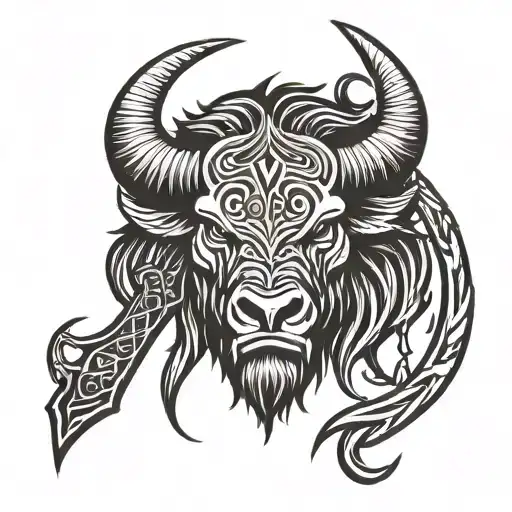 Bison Face With Crossing Grim Reaper Scythes In Bacground