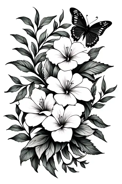 Lilly Flowers With Butterflies And Leaves