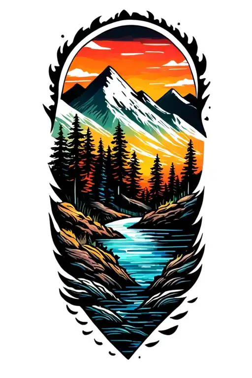 Half Arm Sleeve Mountains Water Trees Colors Sunset