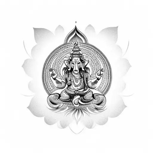 Hindu Sleeve Tattoo With Ganesh And Lotus Flower