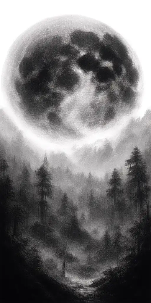 Massive Forest Landscape With Huge Moon In The Background