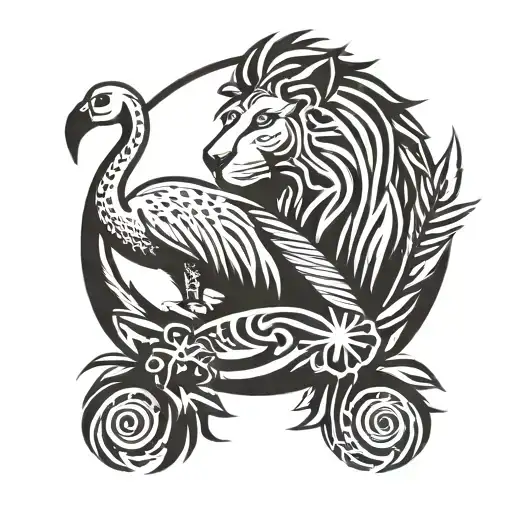 Lion Head Next To A Flamingo Standing