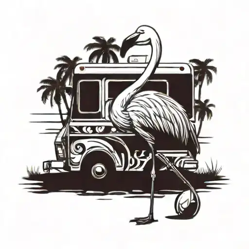 A Obese Flamingo Drinking Whiskey In Front Of An Rv