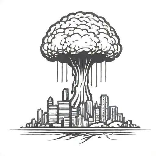 An Abstract Nuclear Explosion Mushroom Cloud Destroying A Major City In An Abstract Black Line Frame