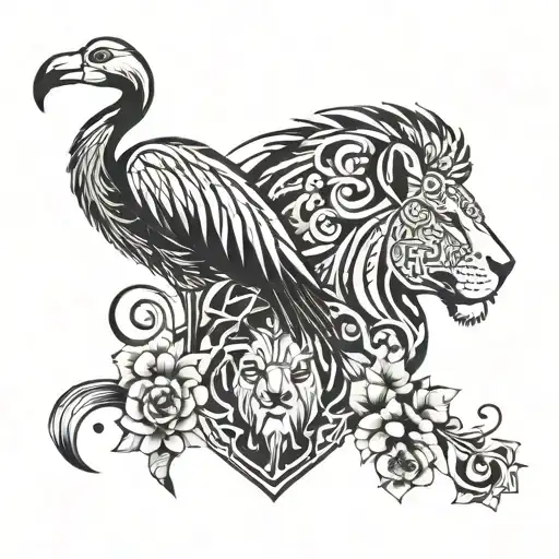 A Lions Head With A Flamingo Standing Next To It With Flowers Around Both Animals