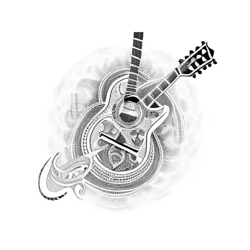 A Detailed Blackwork Tattoo Of A Guitar With Intricate Musical Notes Flowing From It