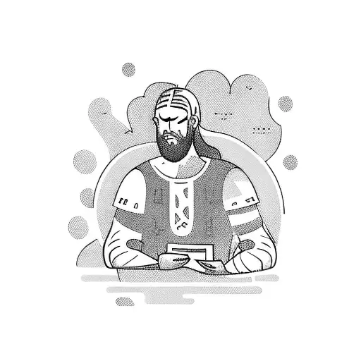 A Detailed Illustration Of A Viking Warrior Reading A Book In A Serene Forest Setting