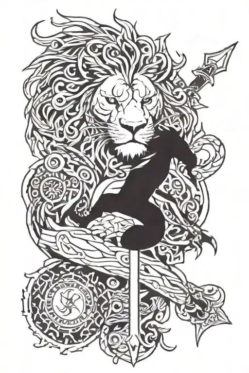 A Lion Holding Sword And A Dragon Wrapped Hand Holding