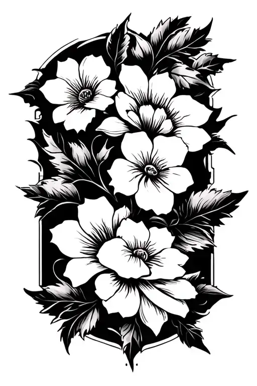 Blossoming Flowers And Vine Leaves Surrounding Fitting Exactly Into A Rectangle