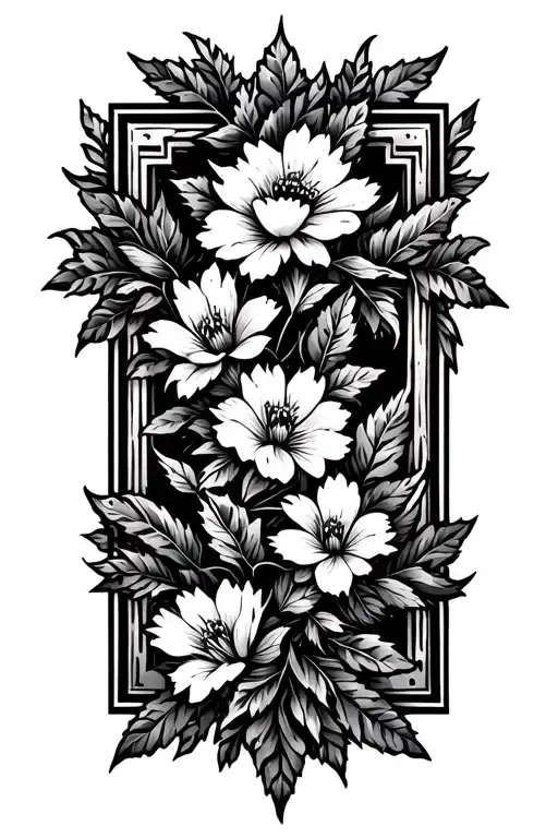 Blossoming Flowers And Vine Leaves Surrounding Fitting Exactly Into A Rectangulaar Frame