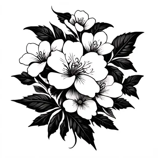 Vine Leaves Intertwining Multiple White Blossoming Flowers