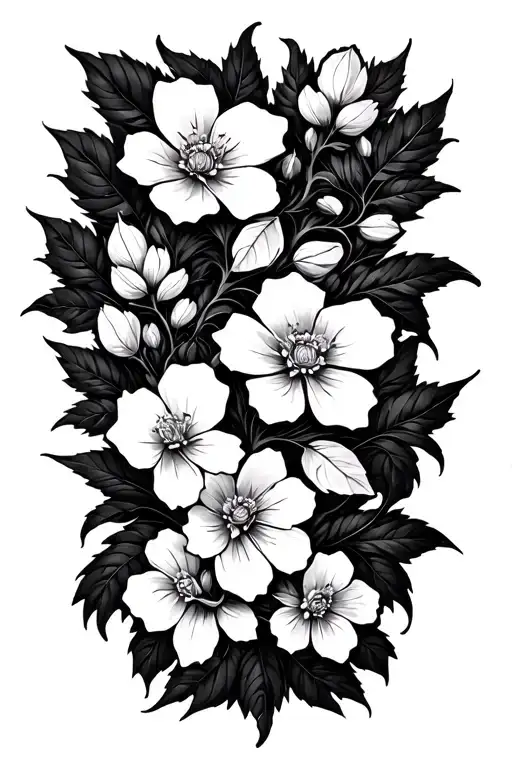 White Vine Leaves Intertwining Multiple White Blossoming Flowers