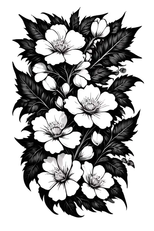 White Vine Leaves With Black Contour Lines Intertwining Multiple White Blossoming Flowers