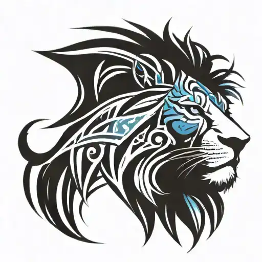 Tribal Lion Head With Blue Eyes And Sward Pointing Down