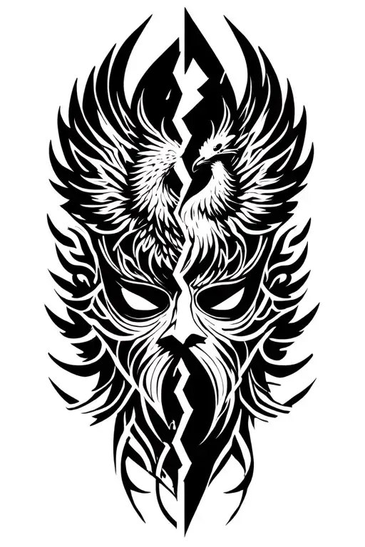 Phoenix Raising From A Broken Mask Split In Half
