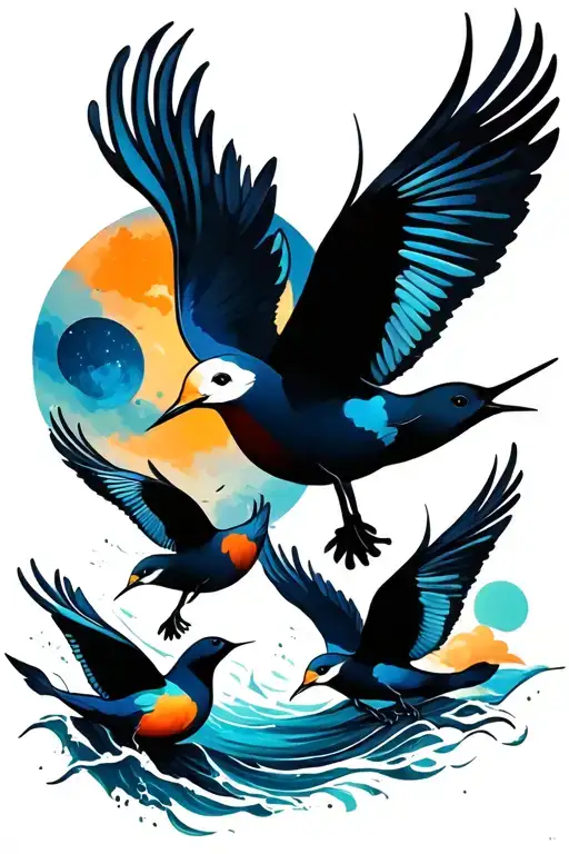 Ocean And Space With 3 Birds