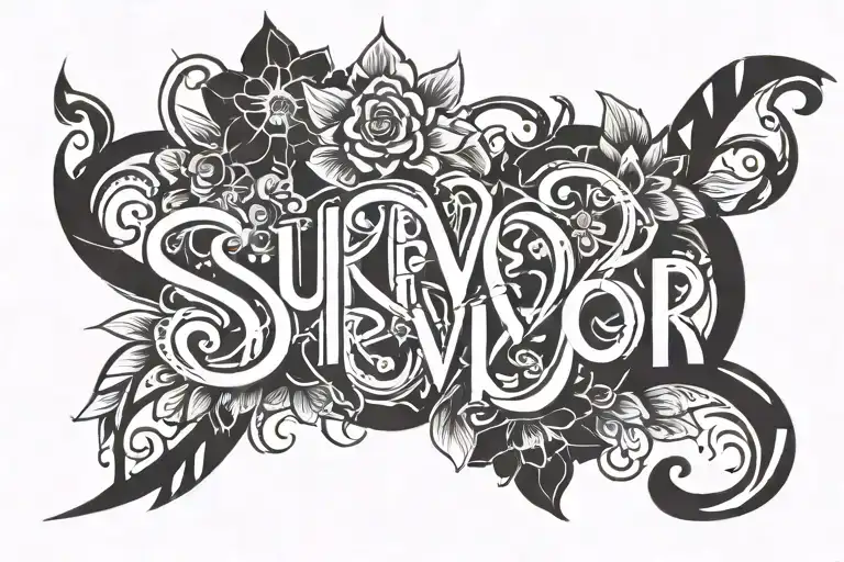Floral Tattoo With The Word Survivor Silhouette Emerging