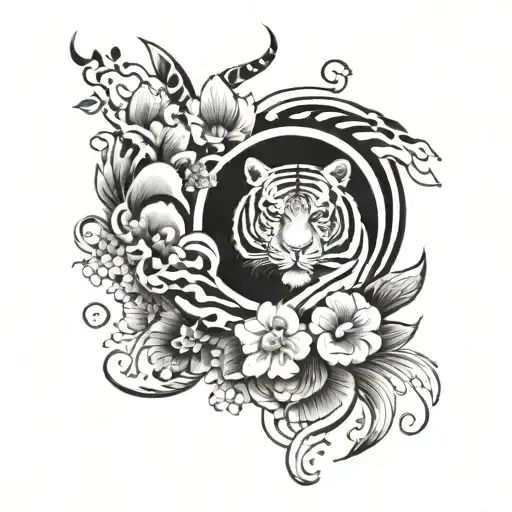 Japanese Traditional Half Sleeve With Tiger And Flowers