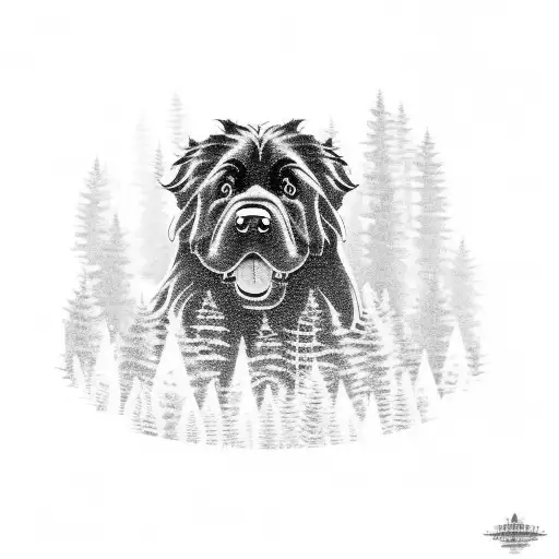 An Elegant Silhouette Of A Newfoundland Dog Surrounded By A Forest Of Tall Trees