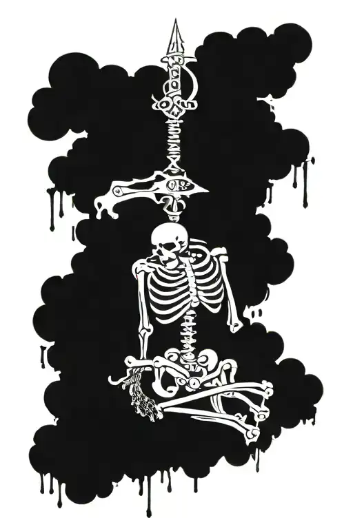 A Skeleton That Lies On A Cloud With 10 Swords In Its Back