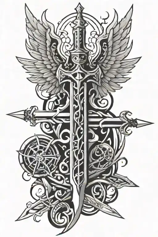 Cross Sword With Angel Wings And Halo Around Swords Hilt