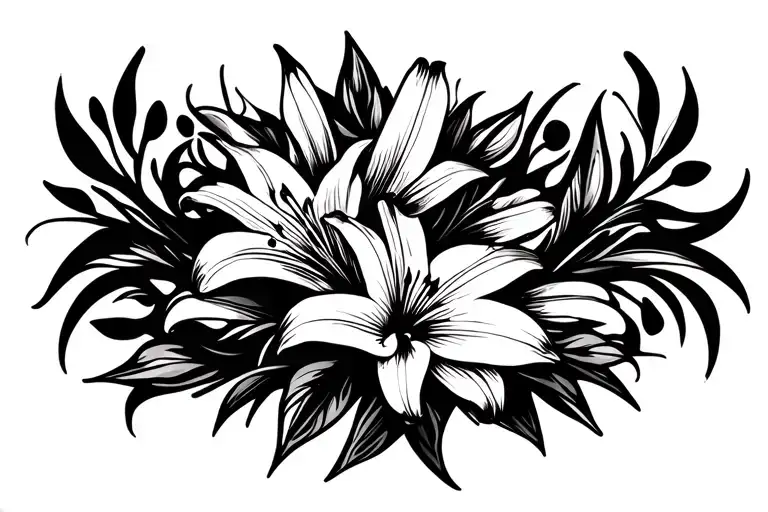 Lily Bouquet Surrounded By Ornamental Design Fine Line