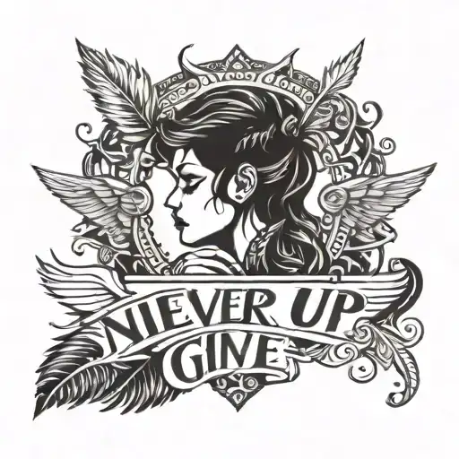 Tattoo With A Feathered Wing With The Writing Never Give Up And A Woman's Lips