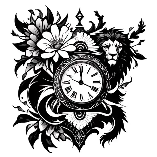 Sacrifise Sign Tattoo With 1 Flowe And Lion And A Clock Forearm