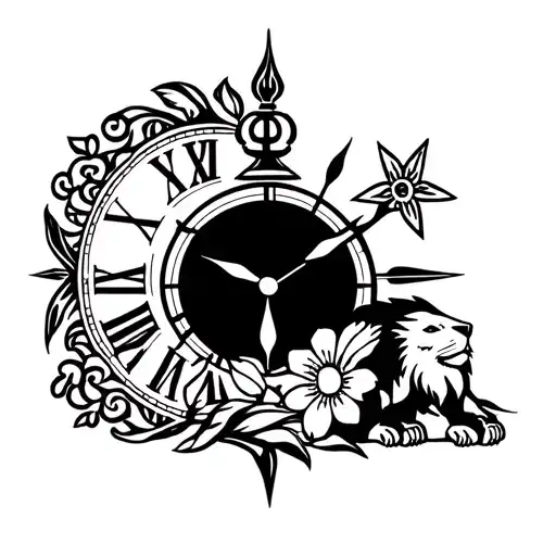 Sacrifise Sign Tattoo With 1 Flowe And Lion And A Clock Forearm