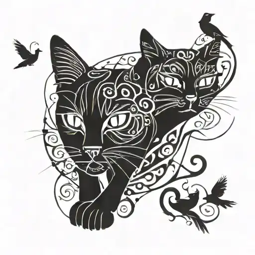 Black Cat Playing With Birds