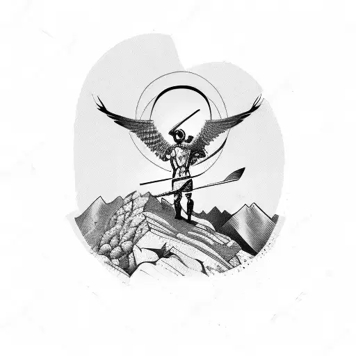 A Sketch Of A Solitary Warrior Standing On A Mountain Peak
