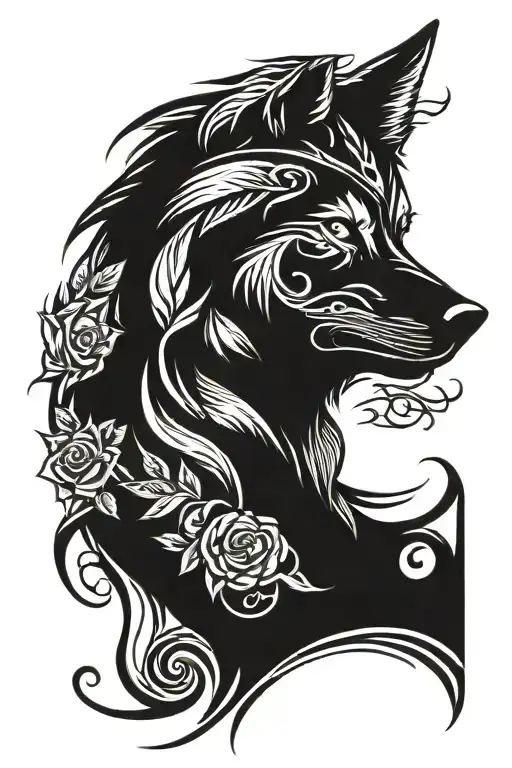 Wolf Blended By Roses Tattoo