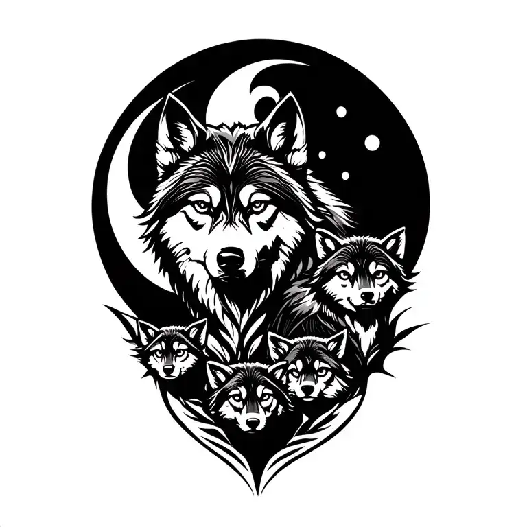Tribal Wolf With 4 Cubs Full Moon