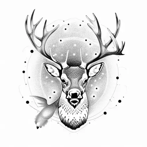 Create A Dotwork Tattoo Of An Elk And A Hummingbird With A Celestial Background
