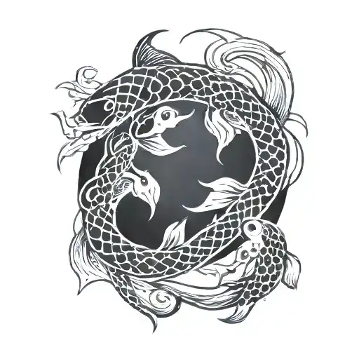 Koi Fish Yin Yang With Snake Slithering