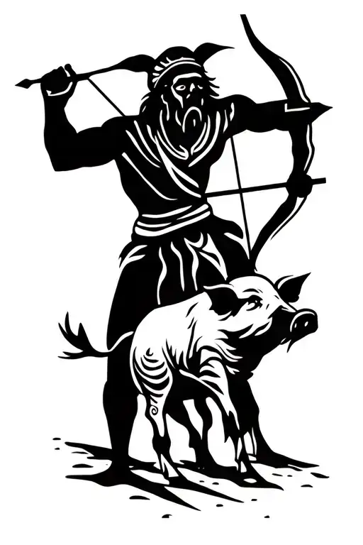 Cave Painting Man Killing A Pig With Bow And Arrow