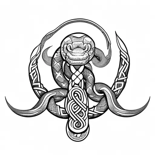 Jormungandr And Fenrir Whit Runes And Snake And El Tre