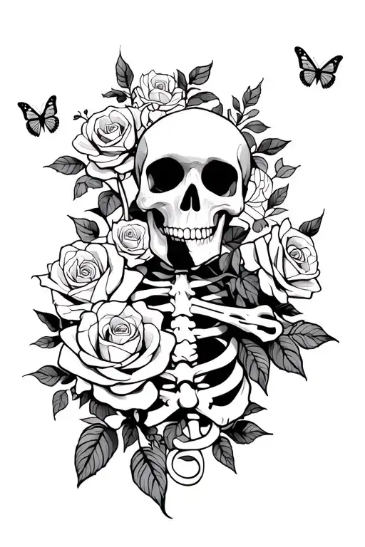 Skeleton Bones With Roses And Butterflies Flying
