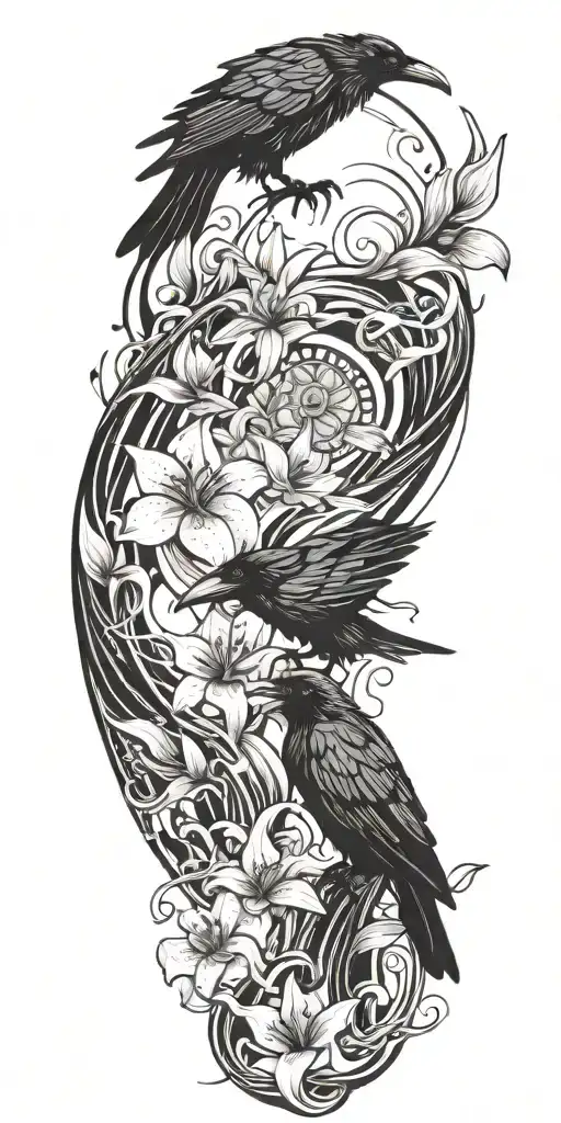 A Raven And Medusa Watching As Lilies Float Down Ocean Waves Crashing