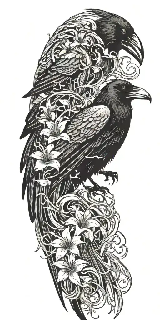 A Raven Perched And Medusa's Face Watching As Lilies Float Down Ocean Waves Crashing