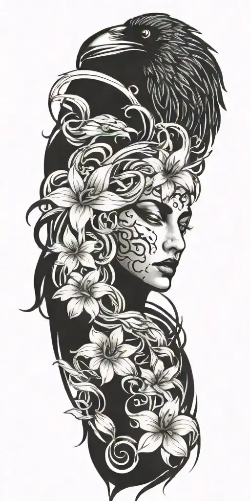 A Raven Flying And Medusa's Face Staring With Lilies Floating Down Ocean Waves Crashing